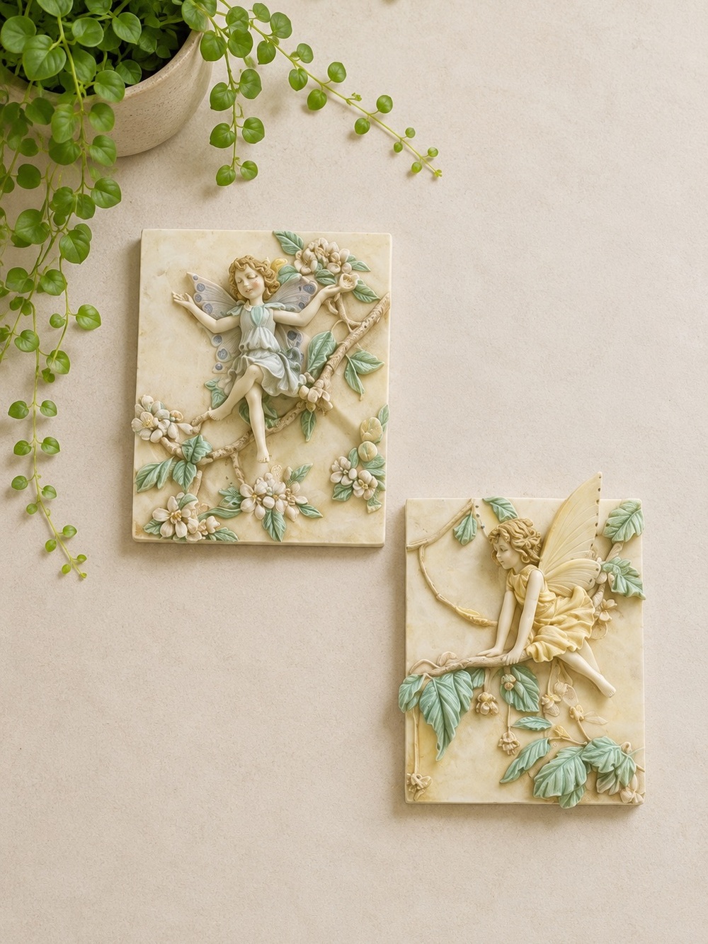 Vintage‎ Victorian Treasures Fairy Wall Plaques Pair Pastel Floral Resin Decor